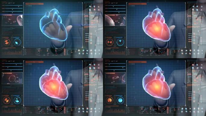 商人触摸数字屏幕，扫描多边形心。人类心血管系统与UI，未来医疗技术。
