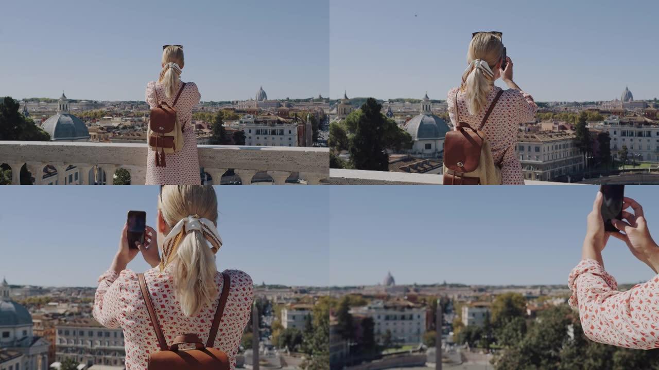 SLO MO游客使用她的智能手机从Terrazza Del Pincio拍摄了Popolo广场的照片