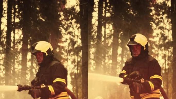 垂直屏幕: 一位勇敢的专业消防员的肖像，用消防车扑灭了一场危险的森林大火。经验丰富的消防员熟练地管理