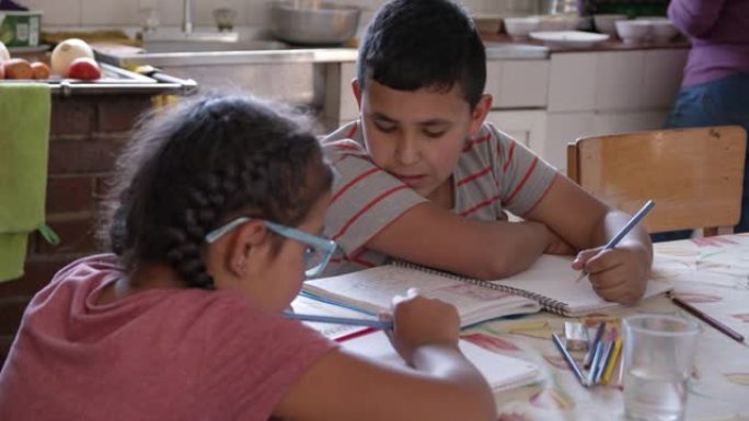 拉丁美洲的孩子在做学校作业，而母亲则在后台准备午餐