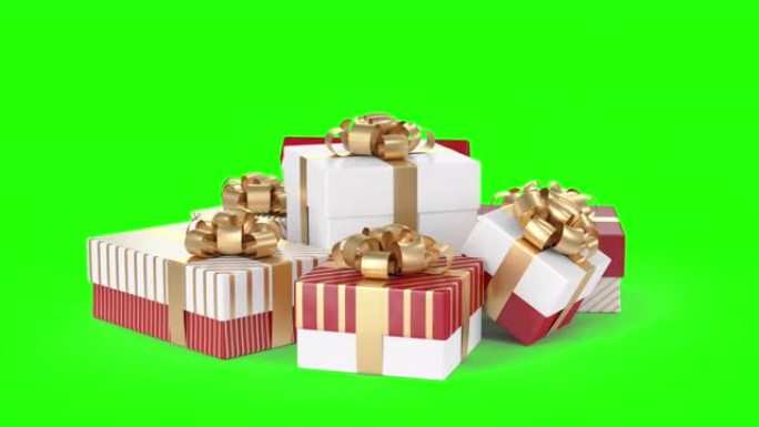 礼品盒红色，金色丝带和蝴蝶结在白色背景上旋转，绿色屏幕无缝。精美礼物的循环3d动画。阿尔法面具。假日