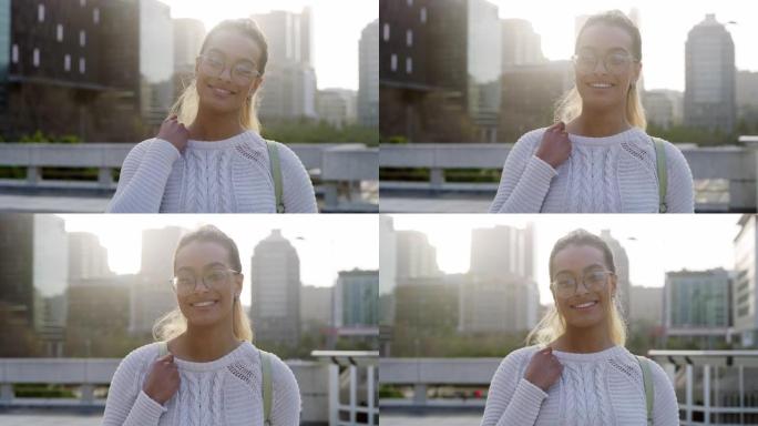4k视频片段，一名迷人的年轻女子白天独自站在城市
