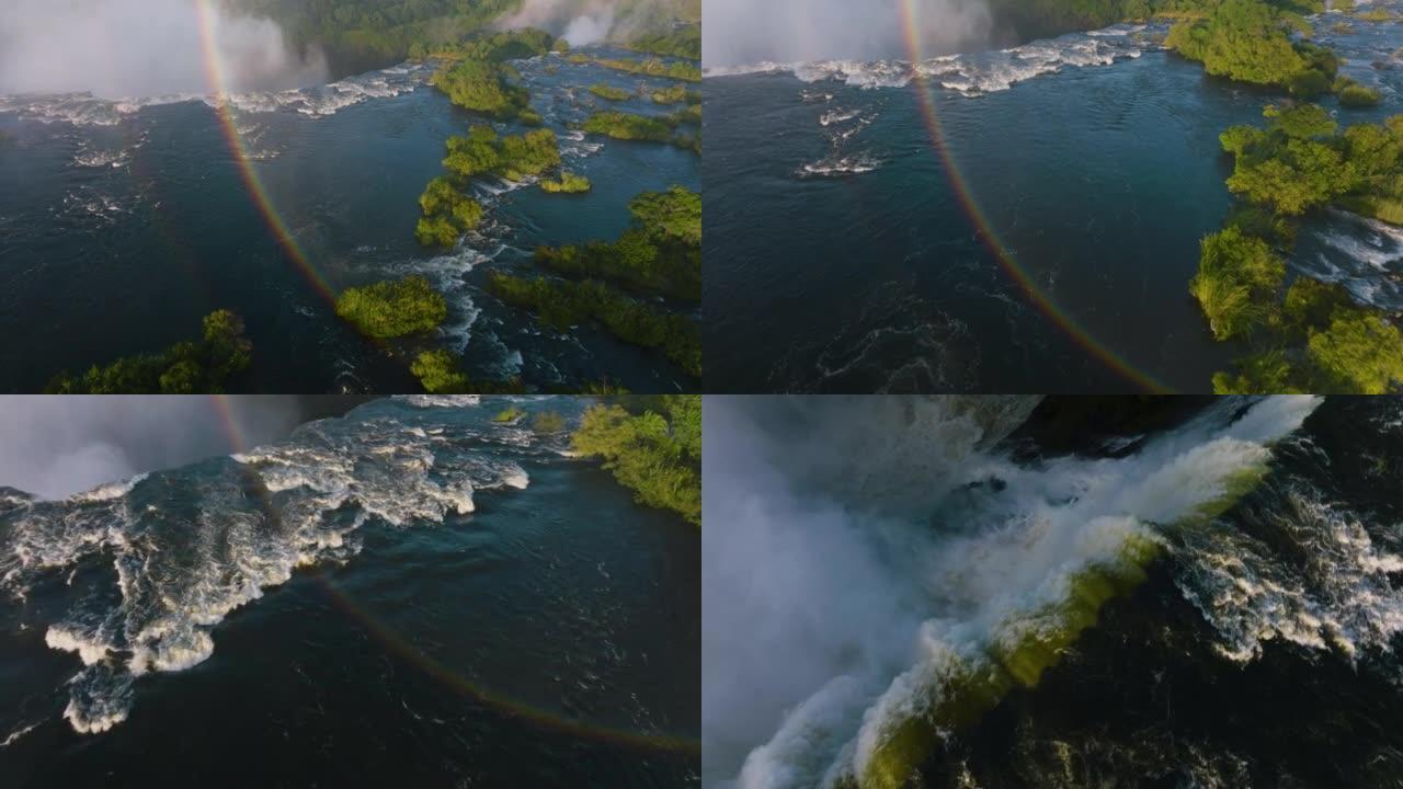 壮观的高空中放大视野，透过风景秀丽的维多利亚瀑布的彩虹。联合国教科文组织世界遗产