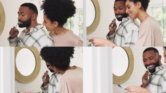 幸福的夫妻，女人和男人在浴室进行怀孕测试，同时刷牙以获取好消息，宣布和爱。黑人夫妇对家庭试管婴儿的积