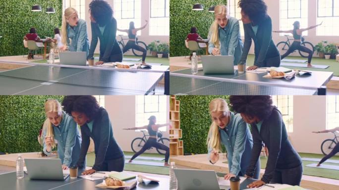 健康女性、笔记本电脑和初创企业在合作、团队合作和健身网站ux ui设计的想法中会见人们。创意工作空间