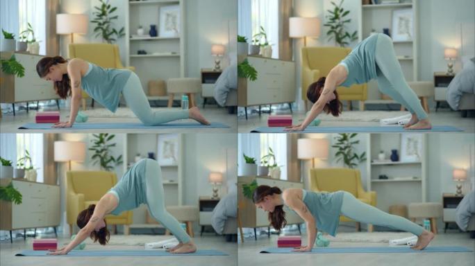 锻炼女人，瑜伽伸展和客厅地板上的家庭健身，以保持健康，平衡训练和强壮的身体。健康女士，普拉提专注和灵