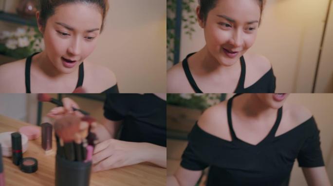 特写: 亚洲女性化妆影响者使用眼影教程录制化妆技巧病毒内容