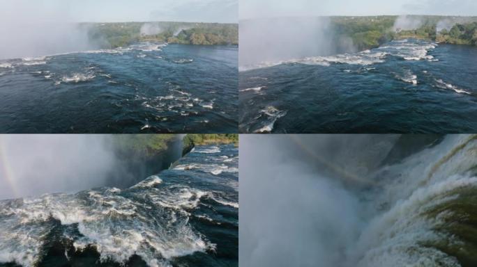 维多利亚瀑布一侧赞比西河上水流的壮观空中特写。联合国教科文组织世界遗产