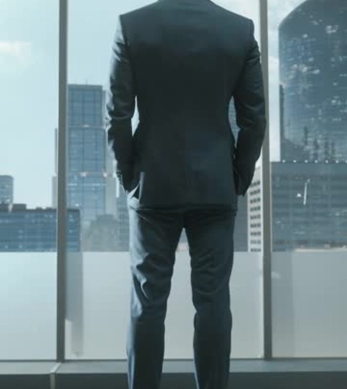 垂直屏幕: 穿着量身定制的西装的成功年轻商人站在现代办公室中，从摩天大楼的大城市望向窗外。成功的财务