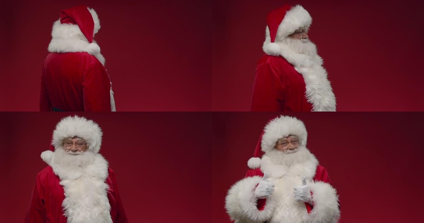 在红色背景上半转过圣诞老人，我们从后面看到他，然后他转过身，竖起大拇指，右边是复制空间，