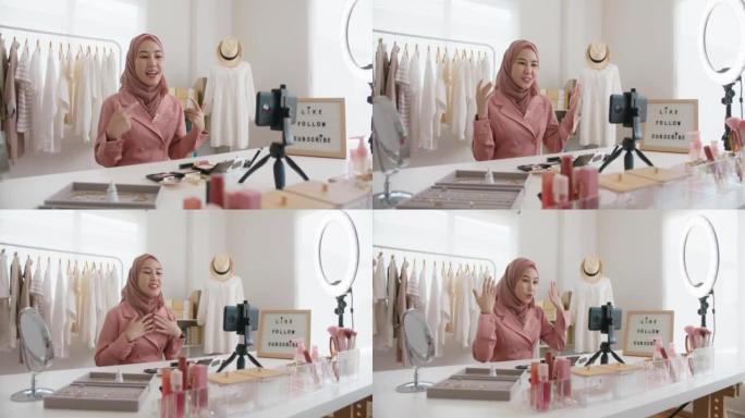 穆斯林美女视频博客在社交媒体instagram tiktok卷轴上直播。