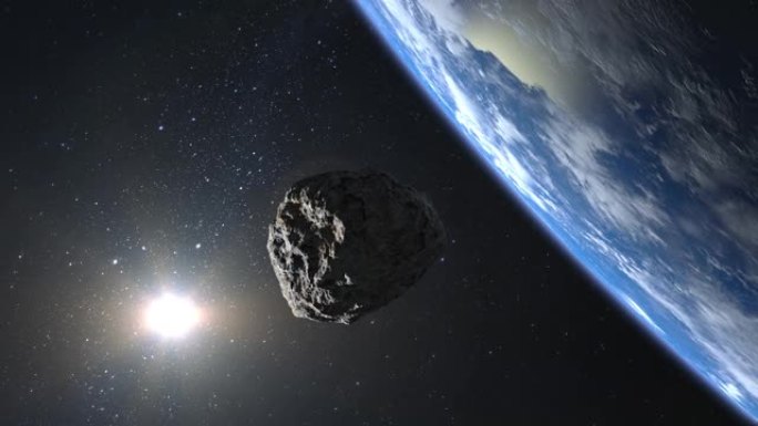 一颗小行星在地球附近飞过。小行星缓慢旋转并接近。星空。4K。星星在闪烁。3d渲染。NASA。
