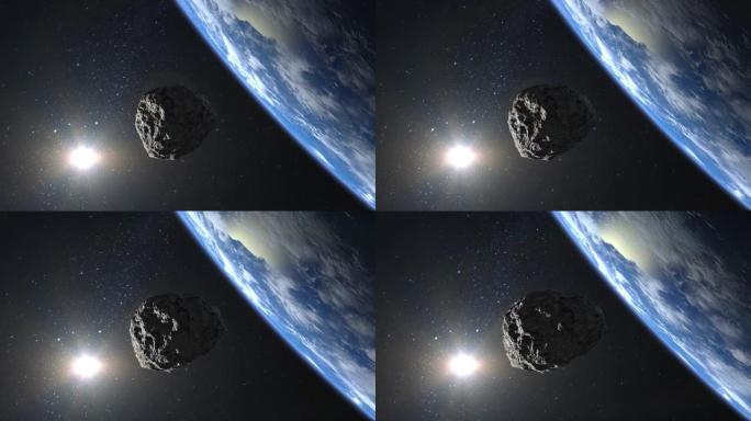 一颗小行星在地球附近飞过。小行星缓慢旋转并接近。星空。4K。星星在闪烁。3d渲染。NASA。