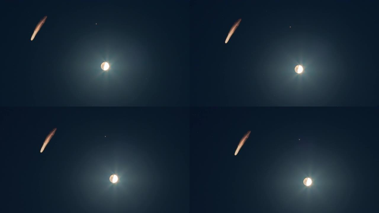 夜空背景上的飞行彗星。超失效