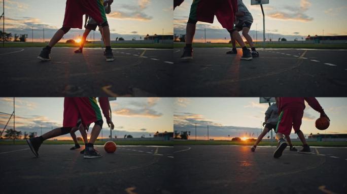 SLO MO篮球运动员在日落时玩得开心