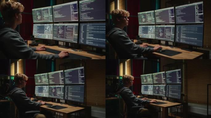 年轻的白人在黑暗办公室的专业六台显示器上编写代码。国际情报局控制数字数据保护系统的男性网络安全专家。