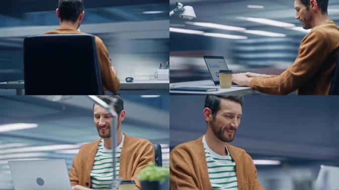 360度现代办公室: 成功的商人坐在他的办公桌上工作的笔记本电脑。快乐微笑的人与大数字数据电子商务合