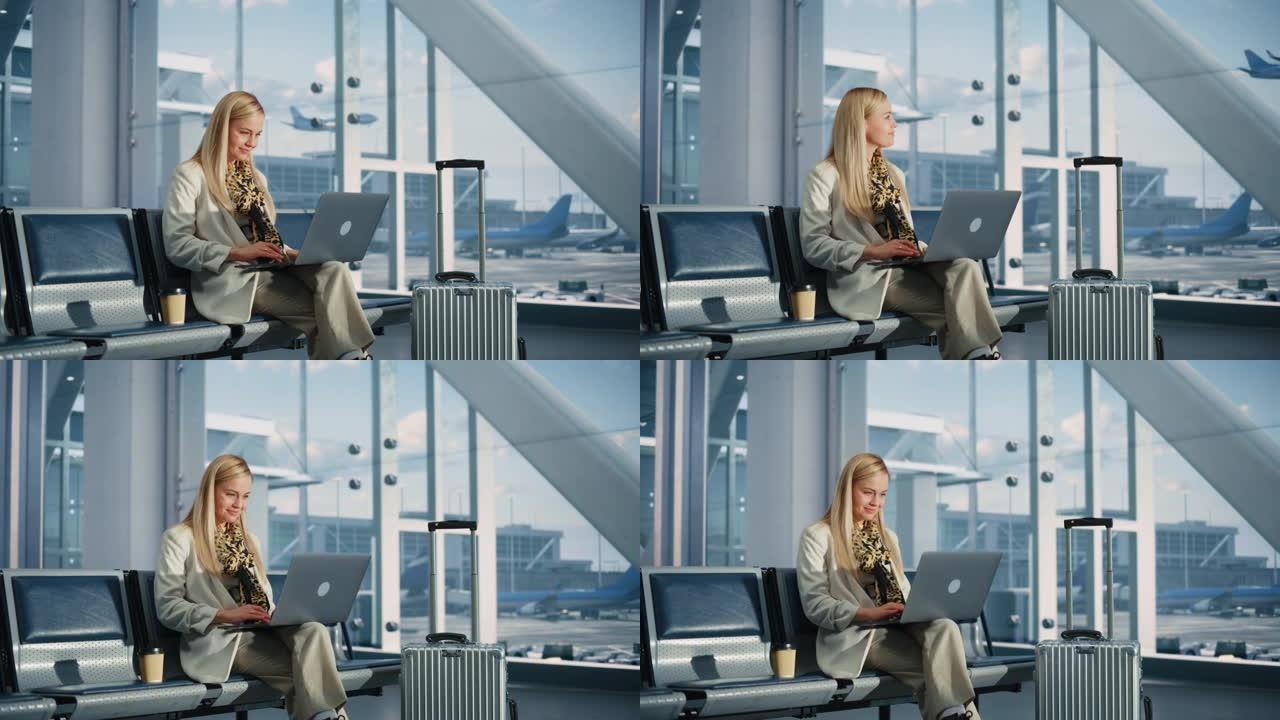 机场航站楼: 微笑的女人等待航班，使用笔记本电脑，浏览互联网，进行电子商务，在线购物。在航空枢纽的登