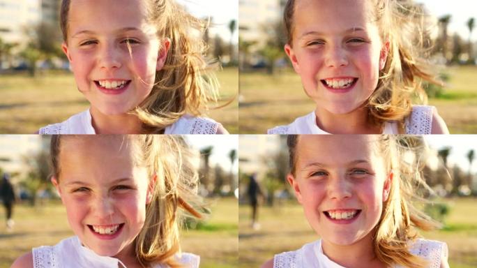 夏天来自迈阿密的儿童脸，笑声和女孩肖像，在草地上的户外幸福。假期，自由和快乐的孩子在假期里对自然公园