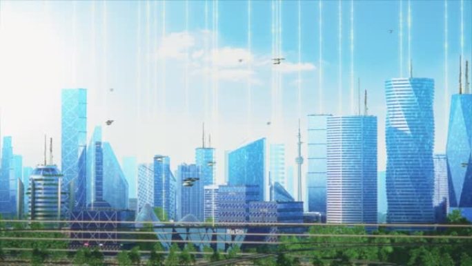 未来主义城市概念。动画的现代城市大都市的大镜头，渲染的摩天大楼显示了全球大数据连接，信息流和人工智能