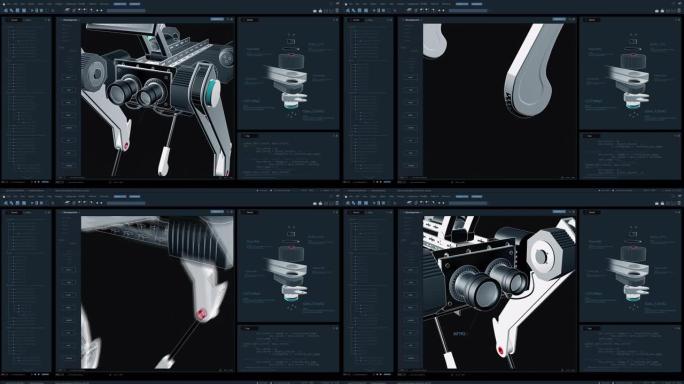 专业cad计算机软件的暗界面模型与可编程机器人狗助手的3D模型。正在开发的机器狗动画原型。机器人和电