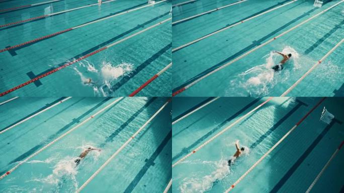 男性游泳运动员潜水，跳进游泳池。专业运动员在锦标赛上表演，使用前爬行，自由泳技术。空中顶部Vew高角
