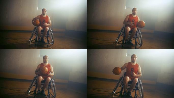 轮椅篮球运动员手持、运球、训练的肖像。决心，残疾人的灵感。时尚的荷兰角度，电影慢动作放大，暖光