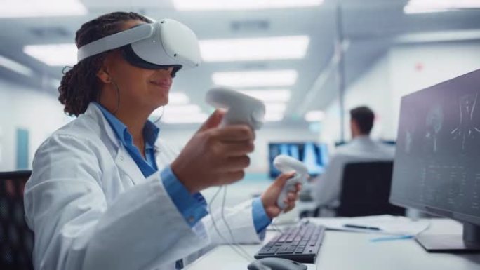 未来医疗医院: 神经外科医生戴着虚拟现实耳机使用控制器用医疗机器人远程操作病人。现代高科技在突破性医