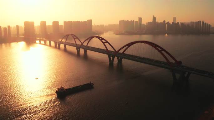长沙福元路大桥清晨日出唯美逆光航拍