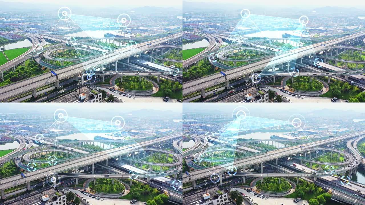 智能交通立交桥剪辑合成道路俯瞰现代化都市