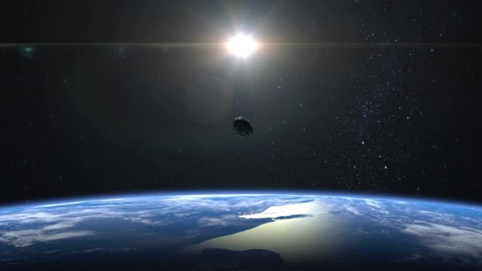 一颗小行星靠近地球飞行。小行星缓慢旋转并接近。星空。4K.星星闪烁。3d渲染。NASA