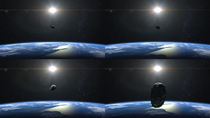 一颗小行星靠近地球飞行。小行星缓慢旋转并接近。星空。4K.星星闪烁。3d渲染。NASA