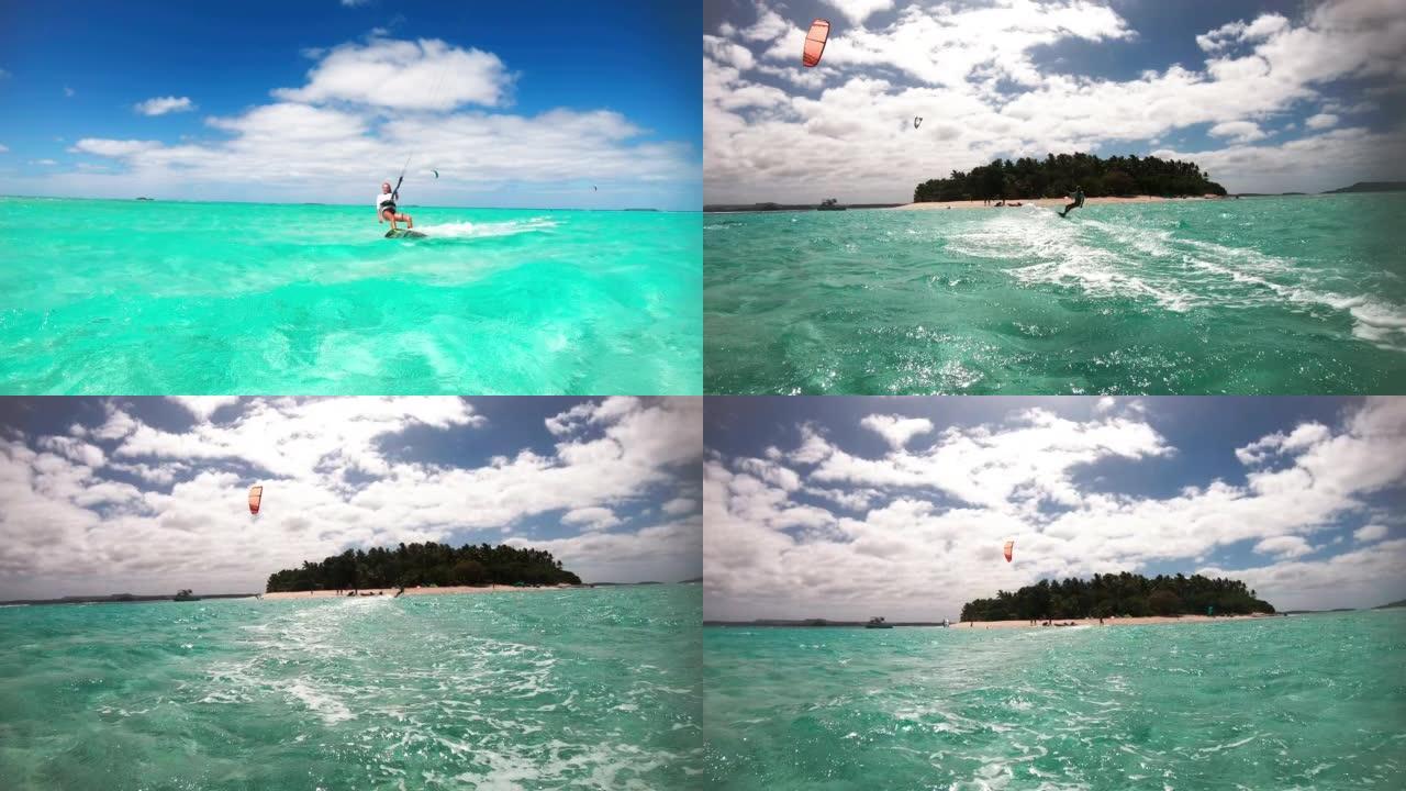 一个穿着泳衣的年轻女子的慢动作在阳光明媚的日子里，在蓝色的海浪中嬉水冲浪，享受风筝冲浪的乐趣。