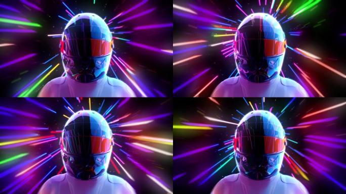 视频游戏屏幕保护程序，头盔上的赛车手抵御霓虹灯条纹，使他成为速度模仿