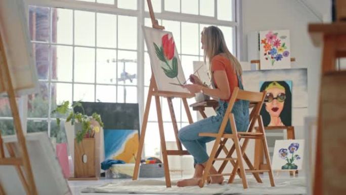 女画家在艺术工作室的画布上绘画。艺术家在车间用画笔画一朵花。有创造力的女人从背后画出玫瑰的美学形象