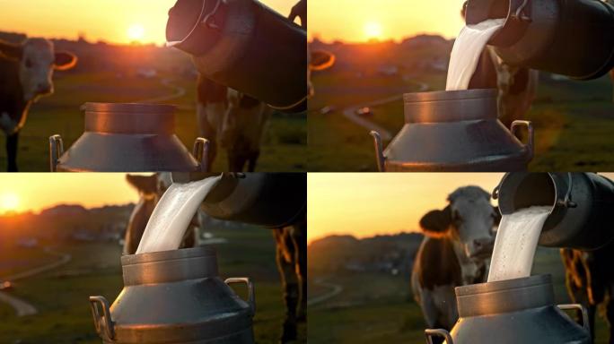 超级SLO MO在日落时将牛奶倒入桶中
