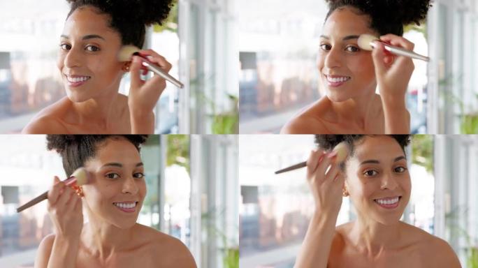 黑人妇女，化妆和刷子，用于涂抹粉末，化妆品的基础，美容产品，皮肤护理和家用镜子中的发光。在皮肤常规过