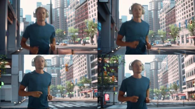 英俊的年轻人正在大城市中心的一条街上慢跑。男性穿着蓝色t恤跑步，戴着无线耳机，播放他最喜欢的音乐。早