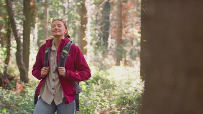 女人深呼吸，闭上眼睛享受和平，一群女性朋友在假日徒步穿越树林-慢动作拍摄