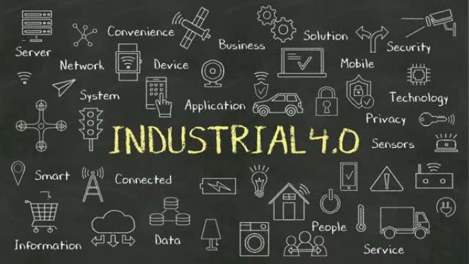 “工业4.0” 和各种连接的工业革命4.0图标动画的粉笔绘图。