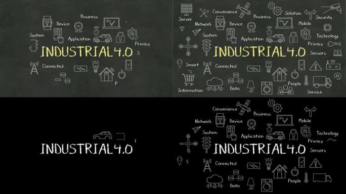 “工业4.0” 和各种连接的工业革命4.0图标动画的粉笔绘图。