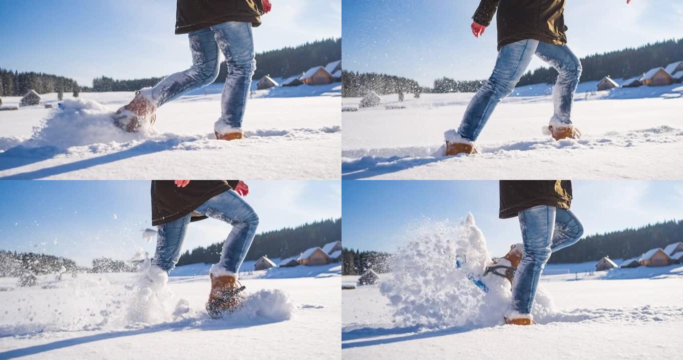 冬季徒步旅行和雪鞋行走，风景田园风光