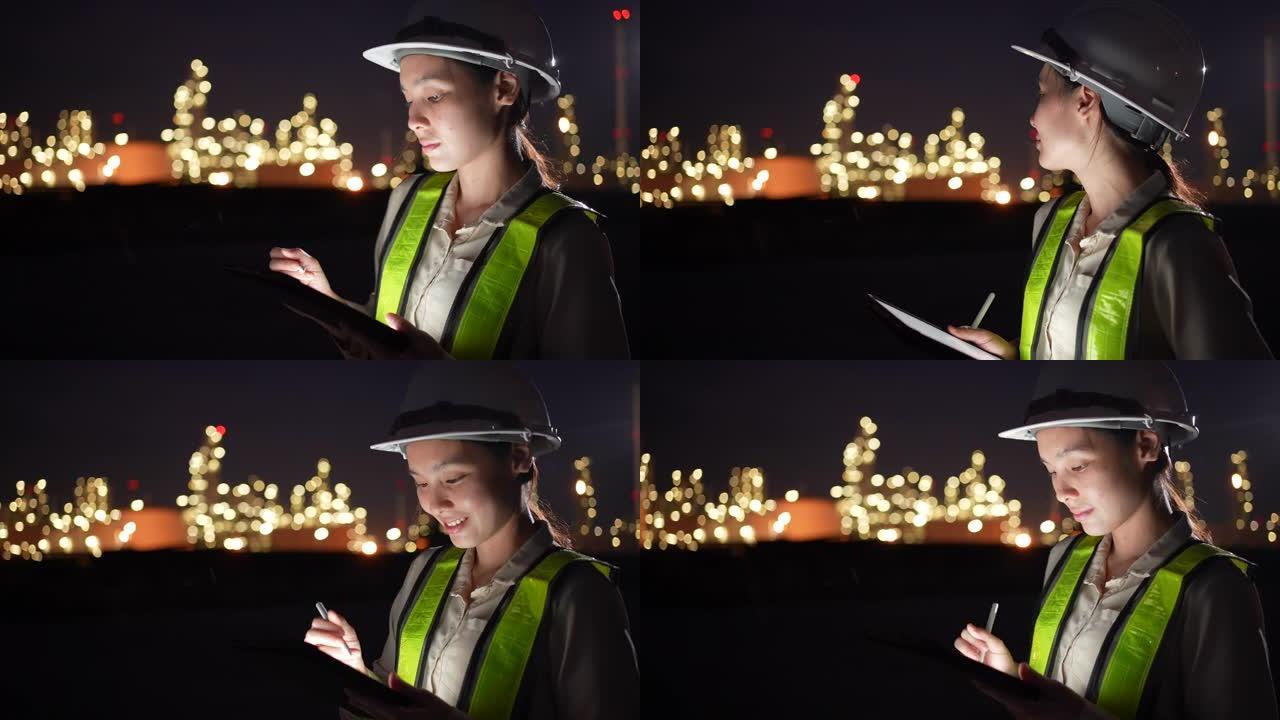 亚洲工程师在石油和天然气精炼厂工业工厂内使用数字平板电脑夜间工作
