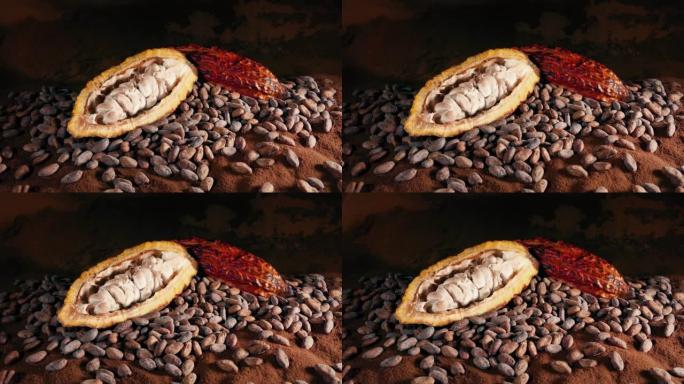 巧克力制作概念 -- 可可水果、豆类和粉末排列