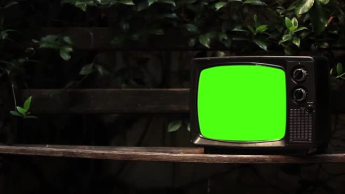 公园长椅上的旧电视机绿屏。放大。4k资源。