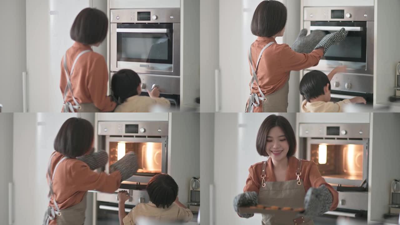 亚洲中国年轻女子用防护手套从电子烤箱取回面包店