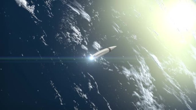 一枚高超音速核导弹飞越地球。从太空看。高超音速武器。核战争。从上方观看。4K. 3D动画。