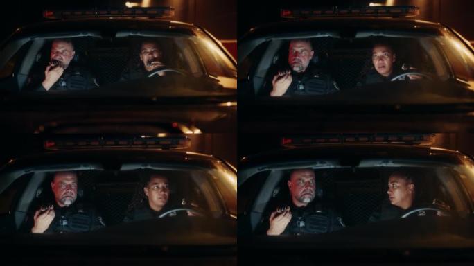 两个警察坐在交通巡逻车里吃甜甜圈。他们被超速的司机打断了。执法人员迅速回应肇事逃逸的醉酒司机嫌疑人，