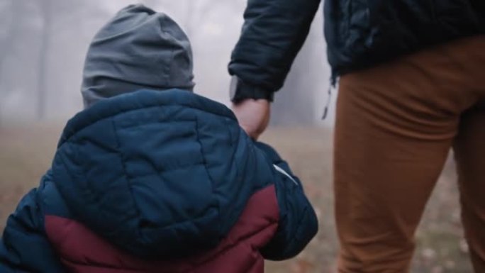 父亲和儿子在雾蒙蒙的公园散步时手牵着手