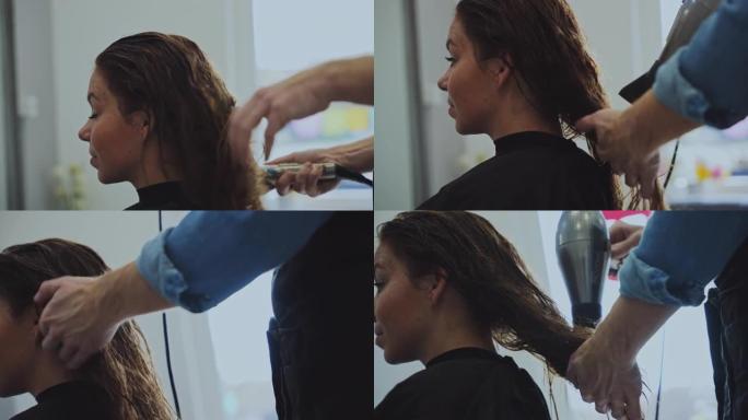发型师在美容院为女性顾客干燥头发
